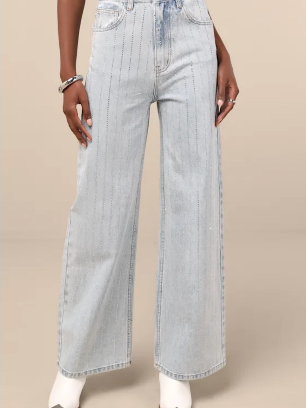 Lulus Danice Light Wash Denim Rhinestone Straight Leg Jeans Blue - Size M - Picture 2 of 9